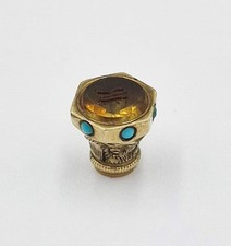 VICTORIAN GOLD CITRINE & TURQUOISE PENCIL-TOP INTAGLIO SEAL MATRIX c1870