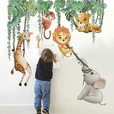 Safari Animals Wall Decals Palm Leaves Giraffe Lion Elephant Wall Art
