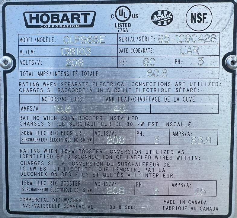 Hobart Commercial Dishwasher CLPS66E, 85-1096428 $40k+ MSRP Nice School Surplus