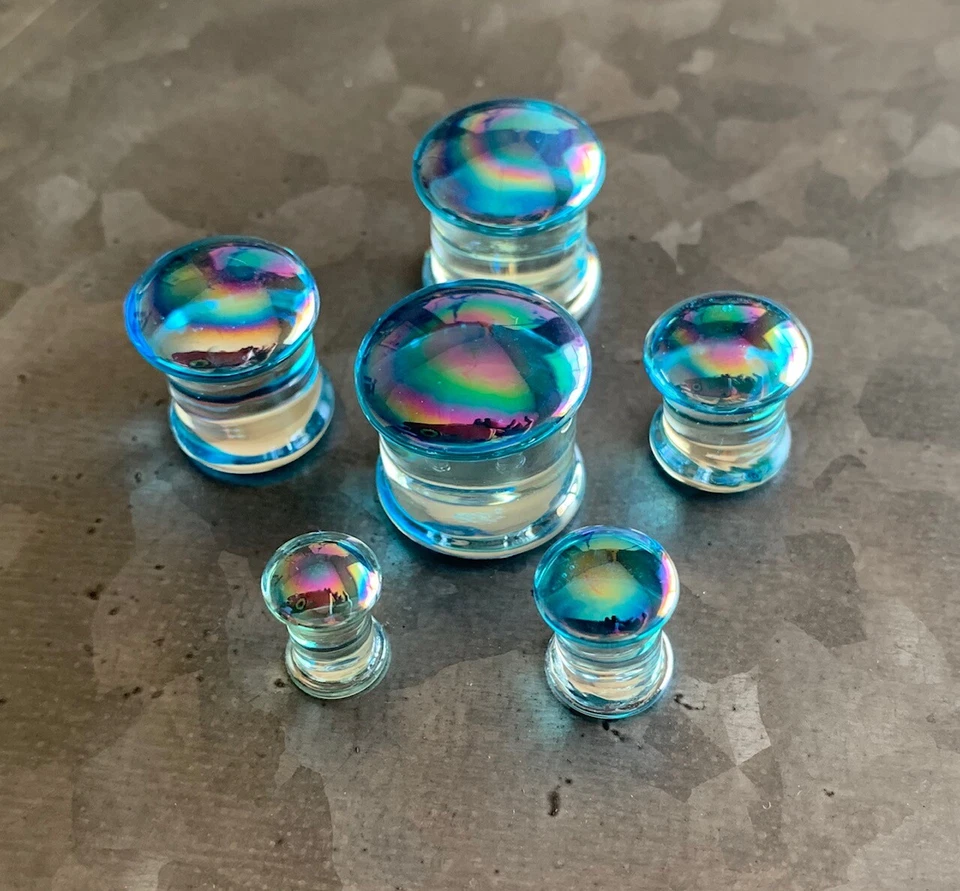 PAIR Light Blue Pearl Design Pyrex Glass Double Flare Plugs Gauges Body Jewelry  - Image 2 of 4