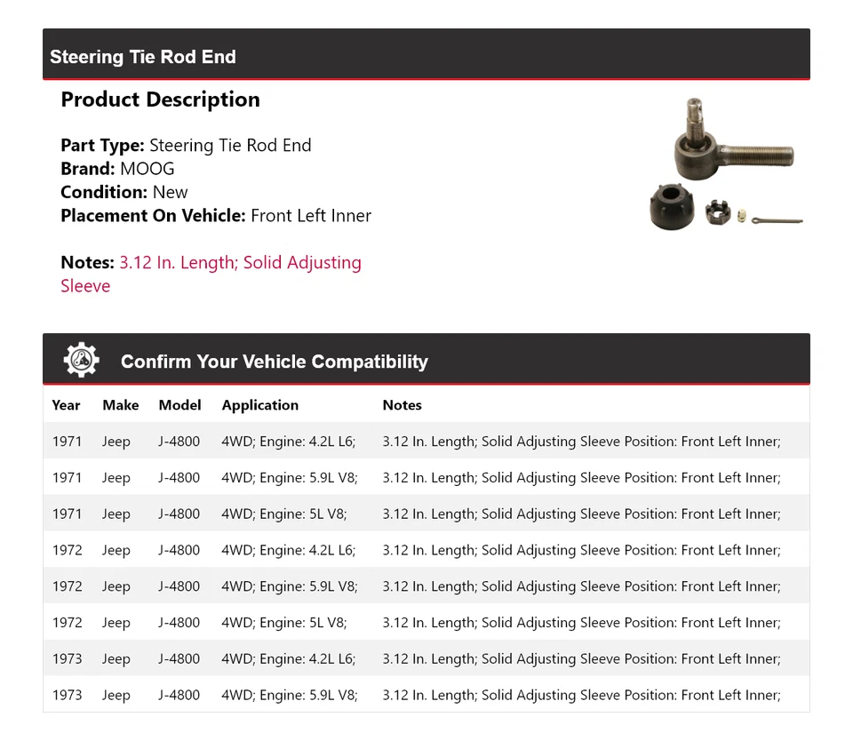 Para Jeep J-4800 1971-1973 4x4 extremo de barra de dirección delantero izquierdo interior MOOG 1971 Foto 2 de 4