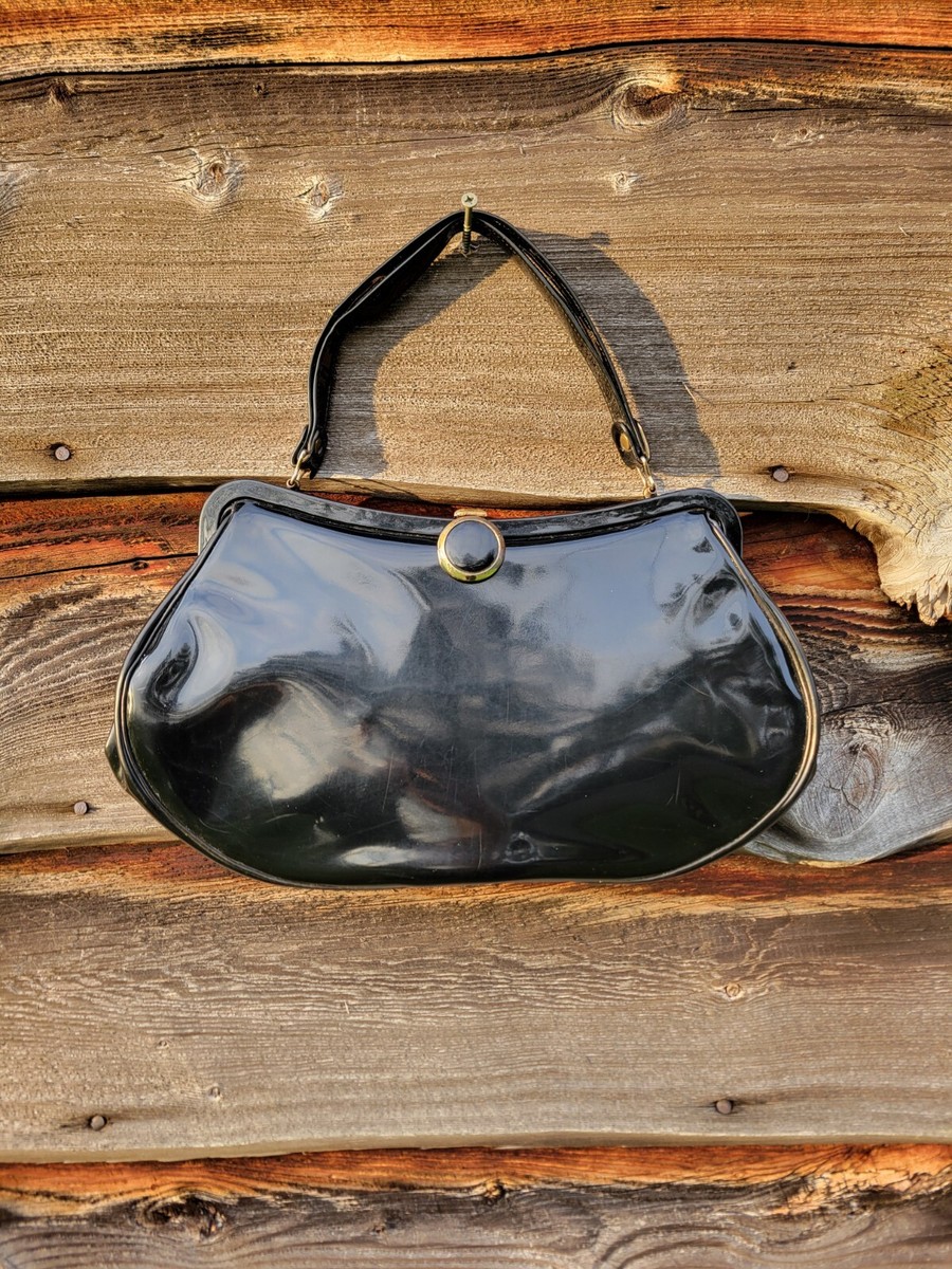 VTG MCM Big Shiny Black Vinyl Purse W/ Red Lining & Matching