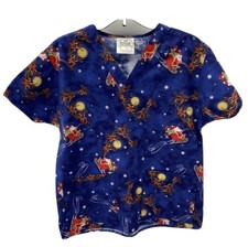 Crest Cotton Navy Xmas Santa/Reindeer Scrub Top Women Size XS, 100 Cotton