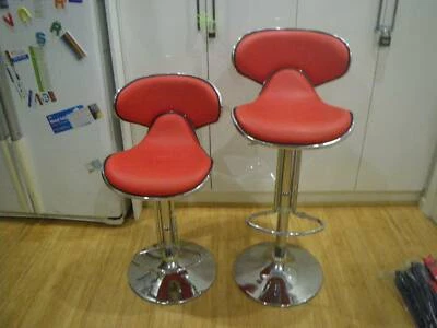2 Red And Chrome Kitchen Bar Bench Stools Hydraulic Height Adjust