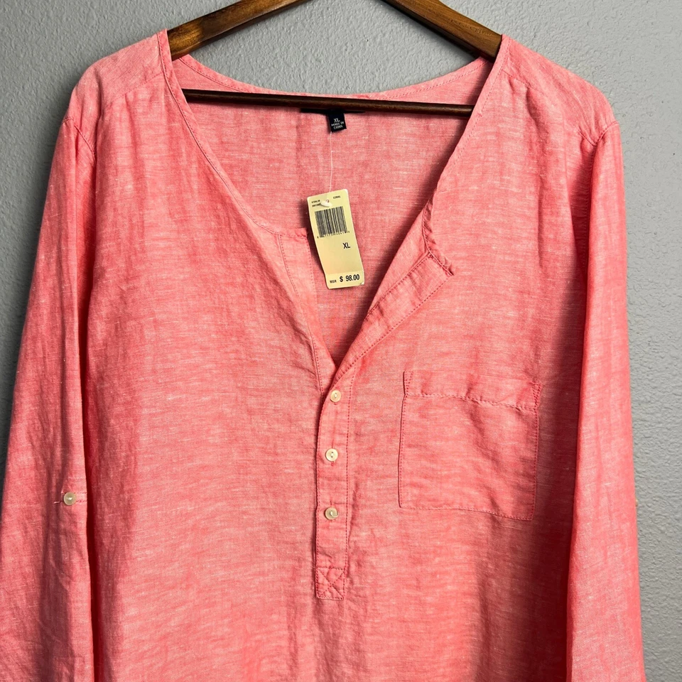 Camisa Max Edition Mezcla de Lino Lagenlook Minimalista Costera Abotonada Coral XL Foto 2 de 4
