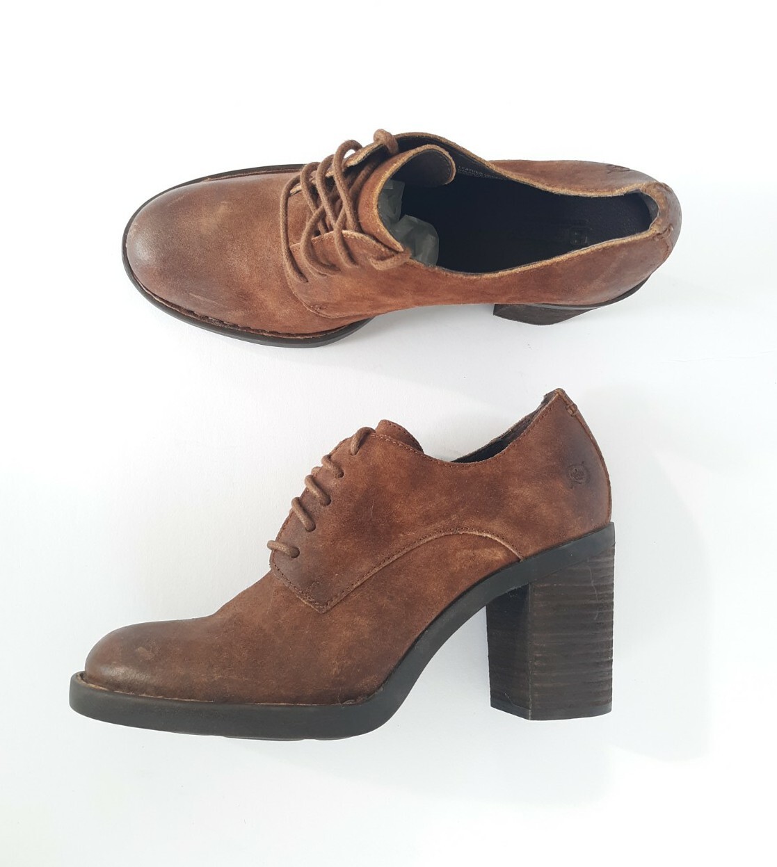 Born Fina Leather Lace Up Boot Brown Block Heel Size … Gem