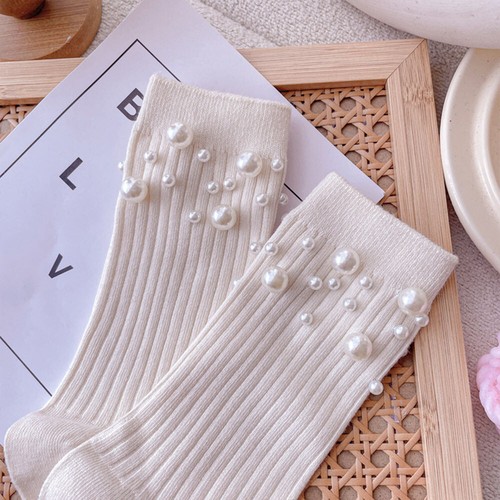 Women Cotton Socks Short Hosiery Foot Socks Mid-tube Socks Casual Simple Pearl - Picture 22 of 29