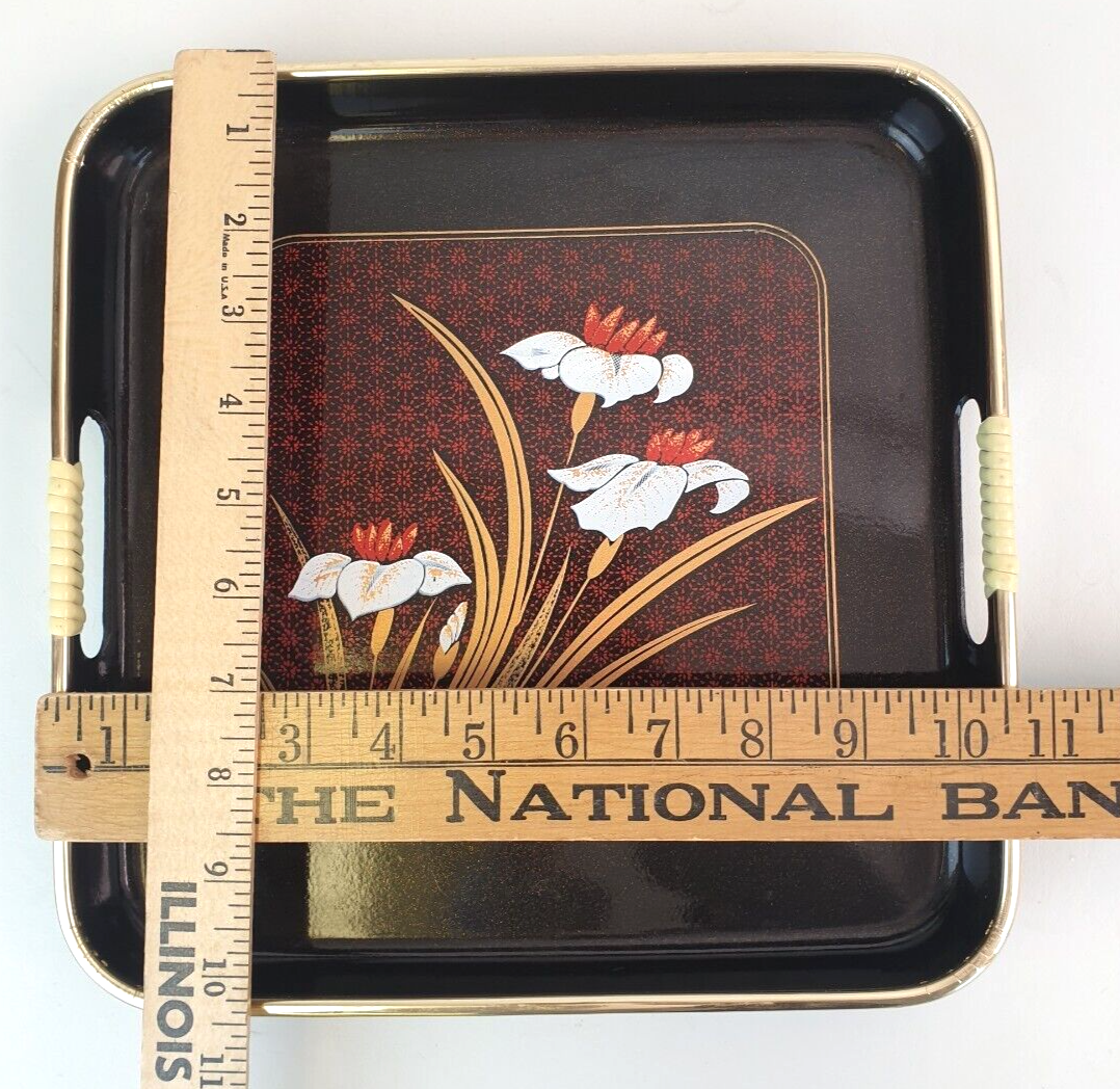 Vintage Japanese Lacquer 3 Piece Nesting Serving Tray Set Flowers