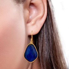 Lapis Gemstone 925 Silver 18K Gold Plated Handmade Bezel Set Earrings For Sister