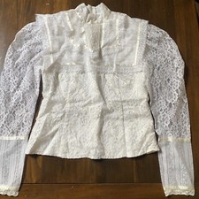 70s Vintage Jessica's Gunnies Gunne Sax Ivory White Gauze Lace High Neck Blouse