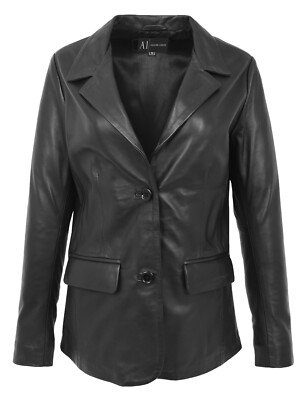 Damen Schwarz Leder 2 Knopf Blazer Klassisch Anzug Abendessen Jacke Stil Mantel Alana