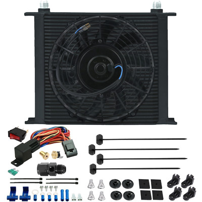 34 ROW TRANS-MISSION OIL COOLER FAN 6AN HOSE ADAPTER 180F THERMOSTAT TEMP SWITCH