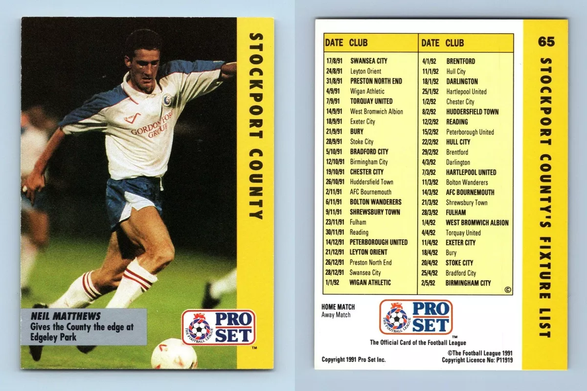 Neil Matthews Stockport County 65 Pro Set 1991 2 Fixtures List