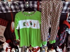 Boutique Grinch Christmas Embroidered Top Ruffle Pants Holiday Outfit 14/16