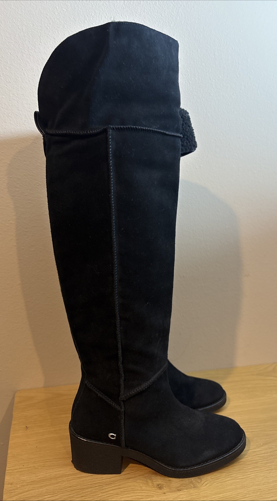 Coach Janelle Black Suede Shearling Knee-High Boots Women's Size 6