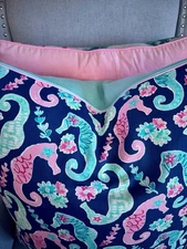 Coastal Chic Seahorses Nautical Fringe Barkcloth Era Pillow Cover Vintage Fabric