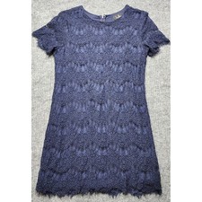 Lulus Navy Blue Lace Shift Dress Short Sleeve Eyelash Hem Size M Cocktail Party