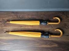 Two Vintage Matching Pair Wood Hook Handle Adult Umbrella Yellow Black Lot