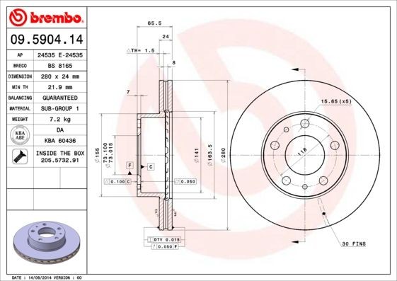Disque de frein Brembo 09.5904.14 ventilé haute dissipation pour Fiat