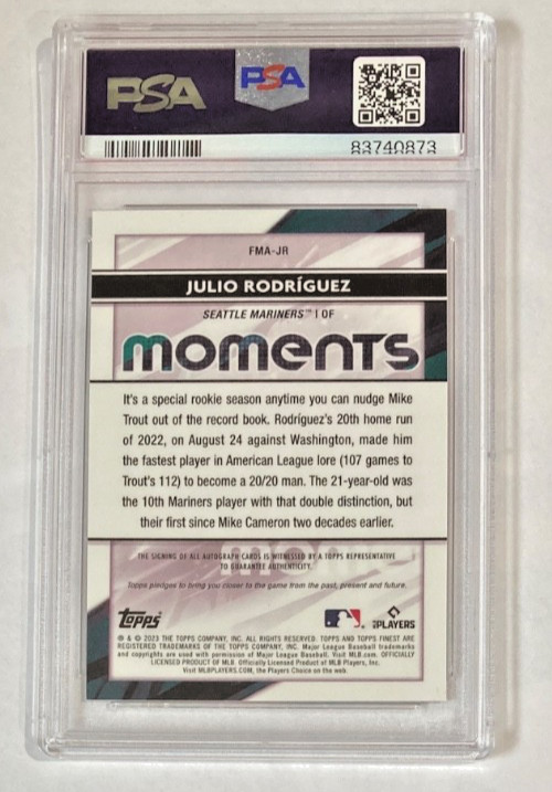 2023 TOPPS FINEST MOMENTS JULIO RODRIGUEZ AUTO RED REFRACTOR SSP #1/5 PSA MINT 9 view 2