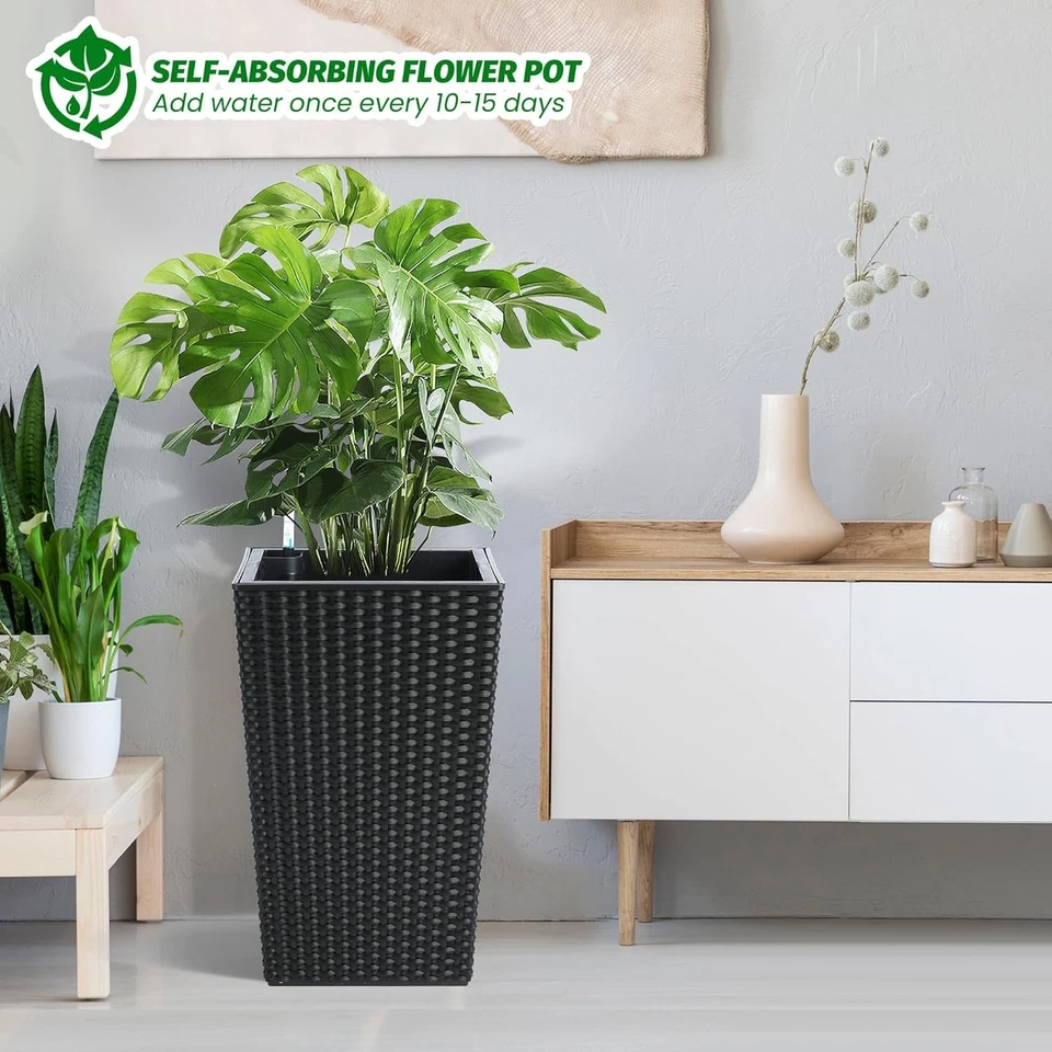 16in Black Rattan Self-Watering Planter Pot with Water Indicator, Indoor Use - Image 3 of 4