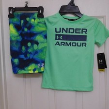 NWT 2pc Under Armour Green Blue Swim Shirt & Swim Shorts Set sz 4