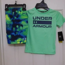 NWT 2pc Under Armour Green Blue Swim Shirt & Swim Shorts Set sz 4