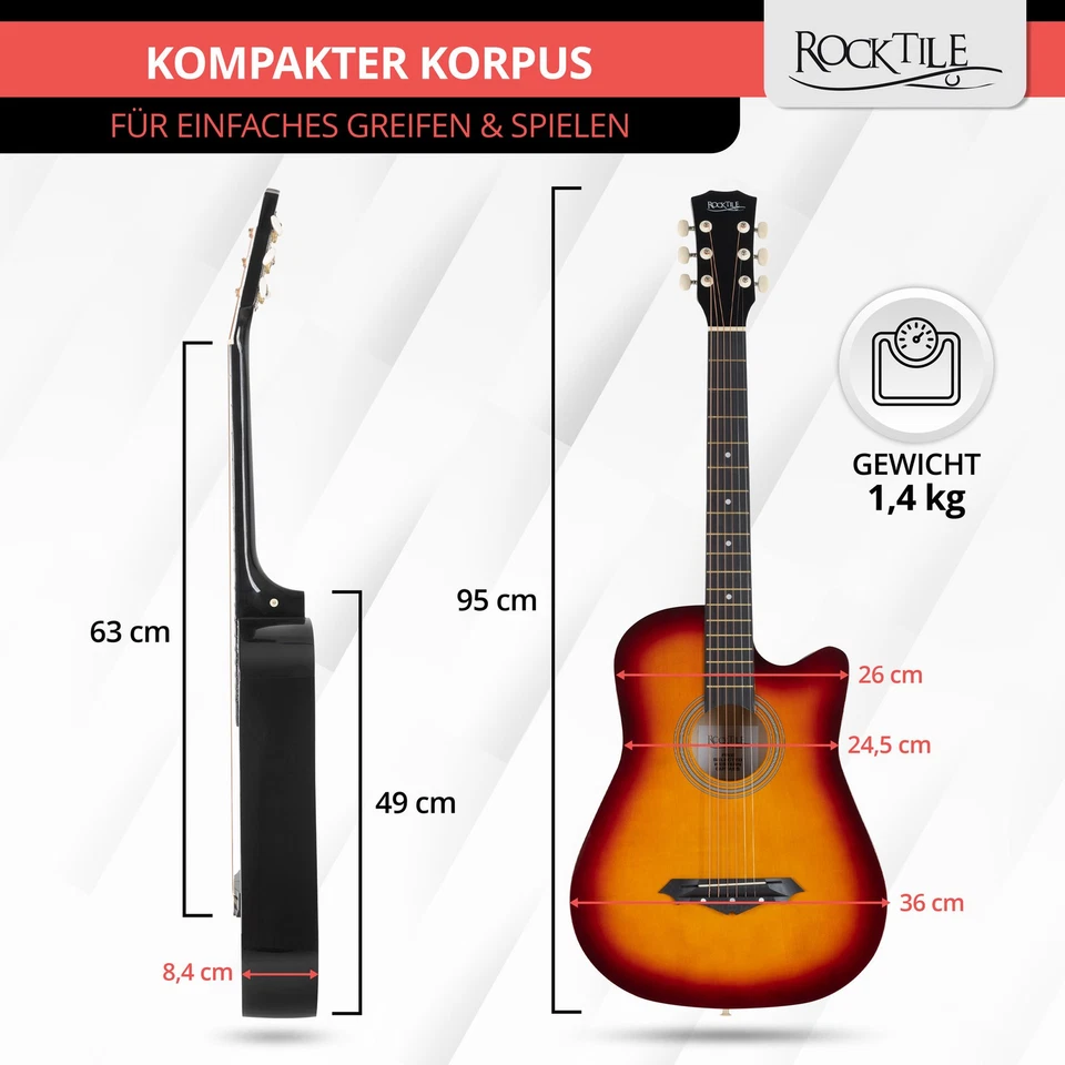 Pack Guitare Acoustique Folk Cordes Dreadnought Cutaway Petit Sunburst Set Etui - Photo 3/4