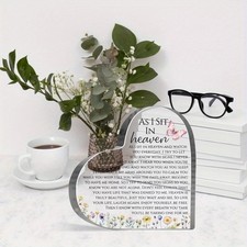 Remembrance Acrylic Heart Plaque "As I Sit in Heaven" Floral Memorial Gift
