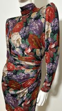 UNGARO PARALELLE PARIS Puff Sleeve Side Shirred Floral Dress Vintage 80s