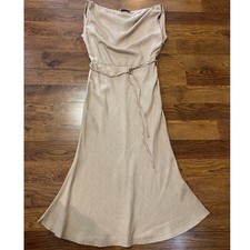 YH & CO Women's Linen Blend Midi Dress Beige Size 10 Elegant Chic Neutral