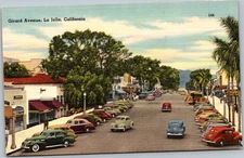 Postcard CA La Jolla Girard Avenue 1940s street scene cars