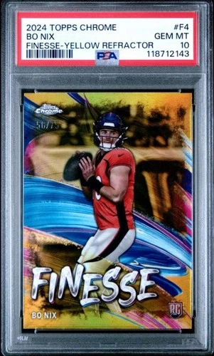 Topps 2024 Chrome Finesse Bo Nix Rookie Yellow Refractor #F-4 /75 PSA 10 Broncos