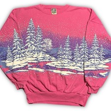Sudadera Vintage Pintura Puff Escena de Invierno Estampado Completo OSFA Estilos de Vida EE. UU.