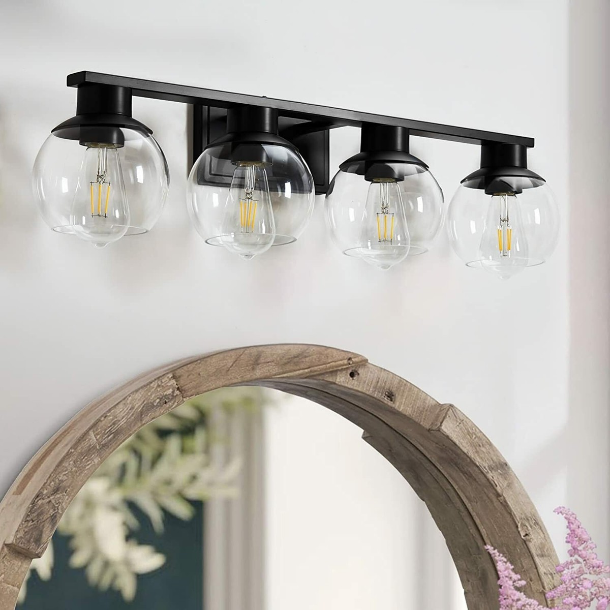 Modern 2-Light Bathroom Vanity Fixture – Black & Gold Wall Sconce With Clear Globe Glass, E26 Base, Dimmable, For Over Mirror (Bulbs Not Included)