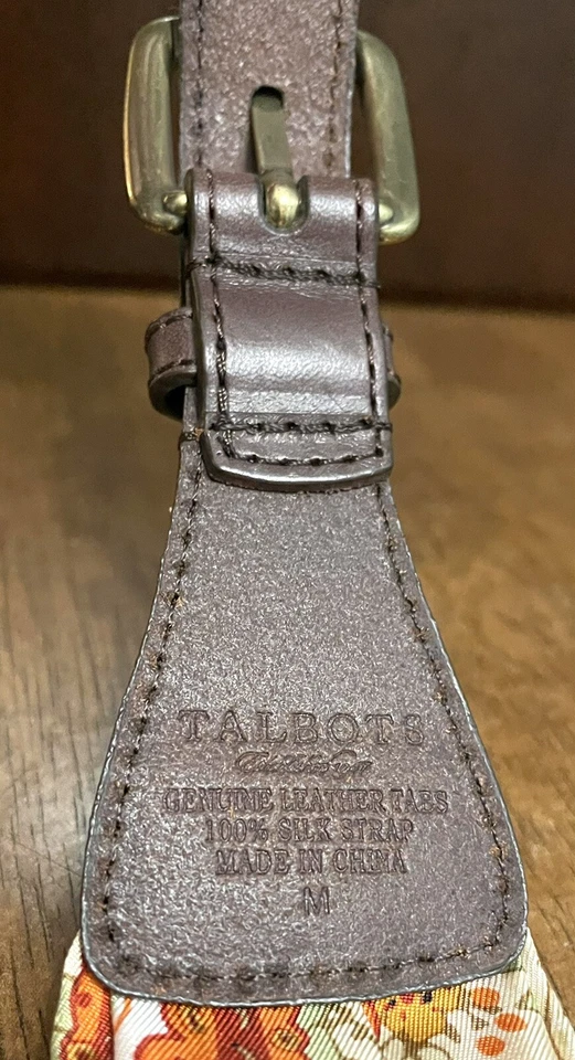 "Correa Talbots de cuero marrón 100 % seda talla M 1-5/8"" ancho tono dorado negro usada en excelente estado" Foto 3 de 3