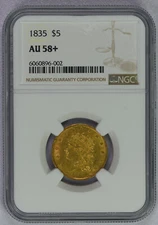 1835 Classic Head Gold Half Eagle $5 RARE Early Gold Coin- NGC graded AU58+ Plus