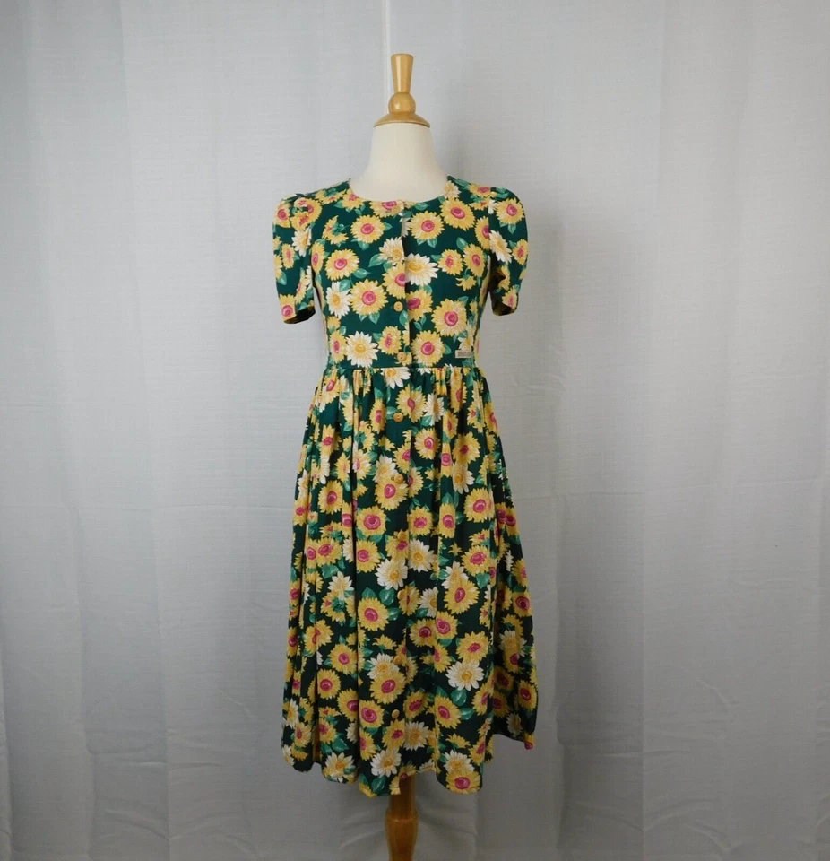 Vestido sin mangas abullonadas Bonnie Jean vintage con botones - 12, estampado de girasol #5745 Foto 2 de 4