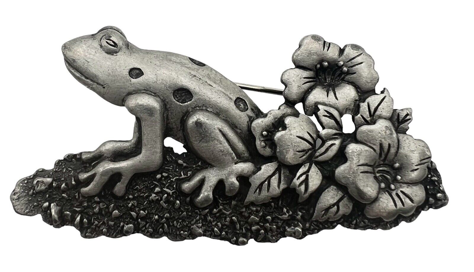Vintage JJ Frog Brooch Pin Pewter Silver Lily Pad… - image 1