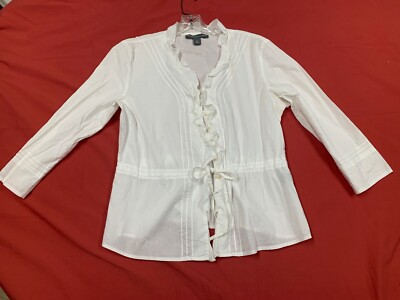 Josephine Chaus White Cotton Pink Tuck Ruffle Draw Waist BLouse Top 12