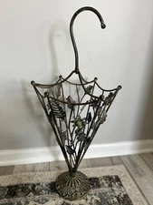 Vintage Wrought Iron Floral & Leaf Green Patina Umbrella Stand app 28” x 12”