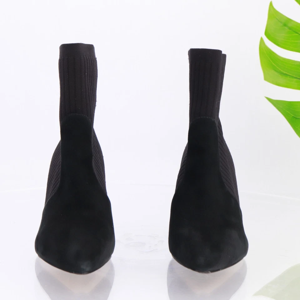 Marc Fisher 女式 Albinia 靴子 9 码黑色麂皮绒针织短靴中跟 Y2K — 第 2/4 张图片