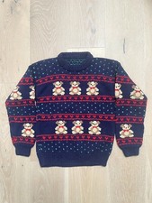 Vintage Handmade Knit Teddy Bear Hearts Navy Blue Sweater Unisex Kids Sz 8-10