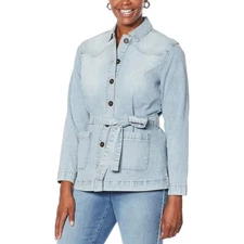 DG2 Diane Gilman Herringbone Denim Belted Denim Utility Jacket Size XL