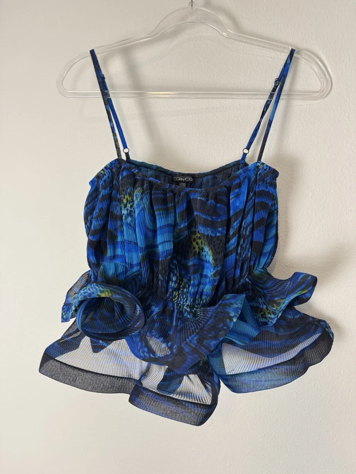 CQ By CQ top women’s Blouse Pleated Cami Textured 3D Artsy Blue Sz Large - Image 3 of 4