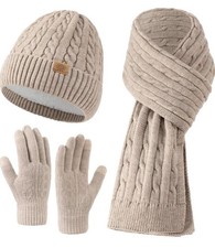 Womens Winter Knit Beanie Scarf Gloves Set Touchscreen 3pc Warm Gift.
