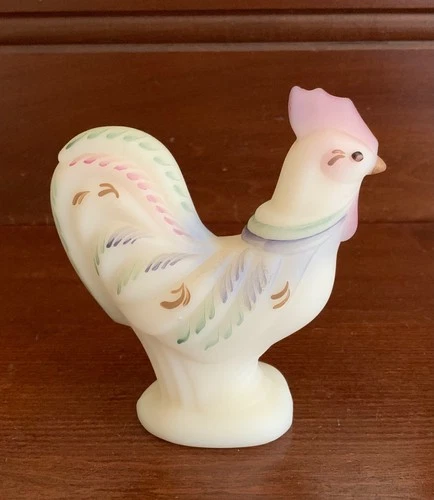 Fenton Burmese Satin Glass Rooster Figurine Hand-Painted Signed by Artist