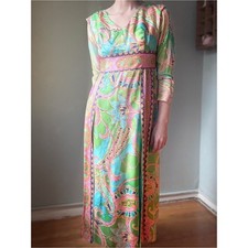 Vintage 60s Psychedelic Maxi Dress Mod Paisley Empire Waist Gown Size M