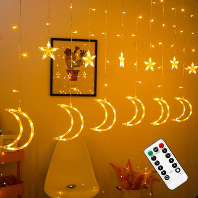 Luces de cortina de estrella y luna con ocho modos y control remoto para pared