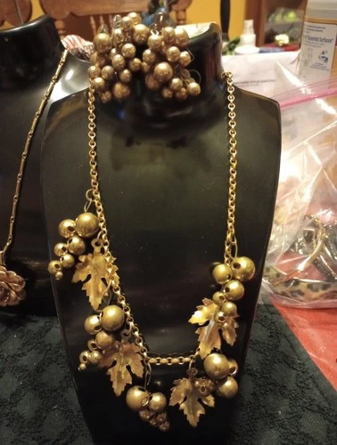 Vintage Gold Grape In Leaves Necklace And Earrings By William Haskell